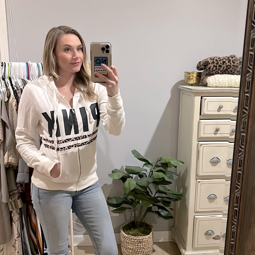 PINK white / cheetah full zip up hoodie medium NWOT